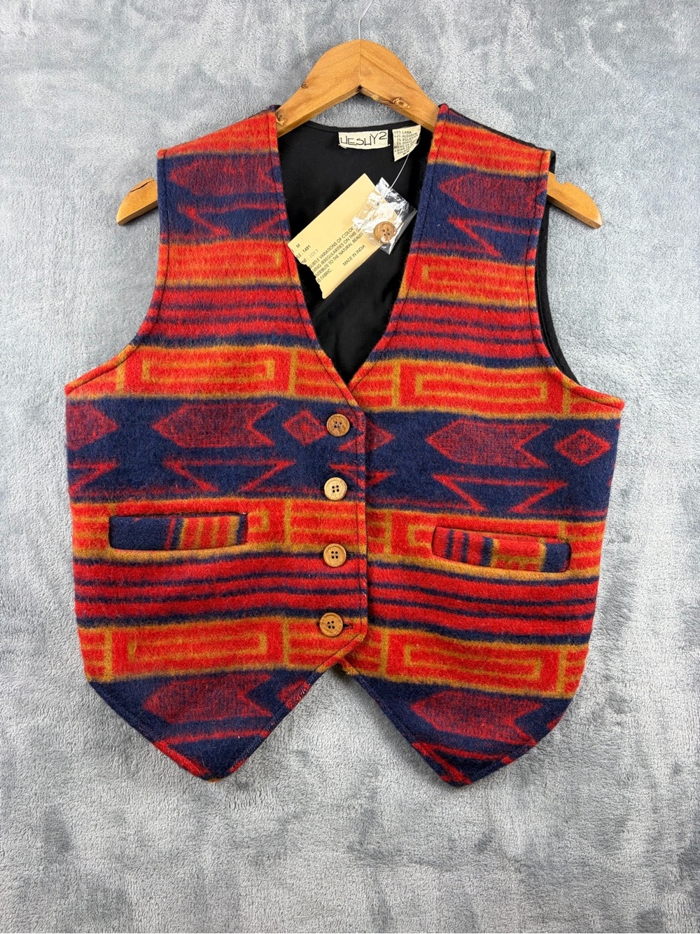 Southwestern Patterned Wool Blend Vest in Red & Navy - Vintage Style
